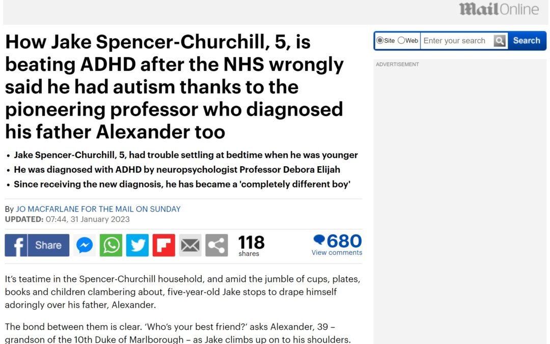 Daily Mail “How Jake Spencer-Churchill, 5, is beating ADHD after the NHS wrongly said he had autism thanks to the pioneering professor who diagnosed his father Alexander too”