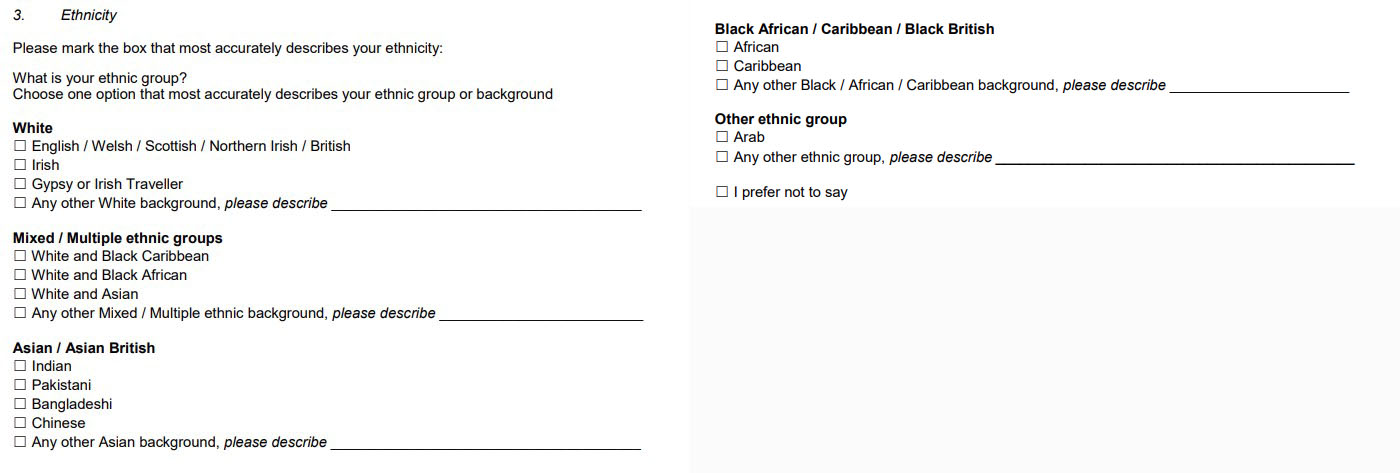 Ethnicity question for diversity monitoring