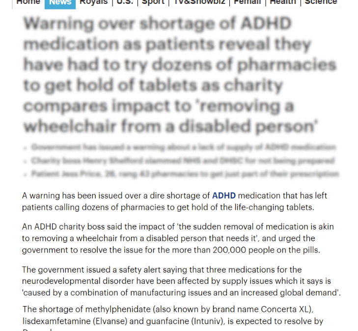 Mail Online: ADHD drug shortage warning as patients have to try dozens of chemists