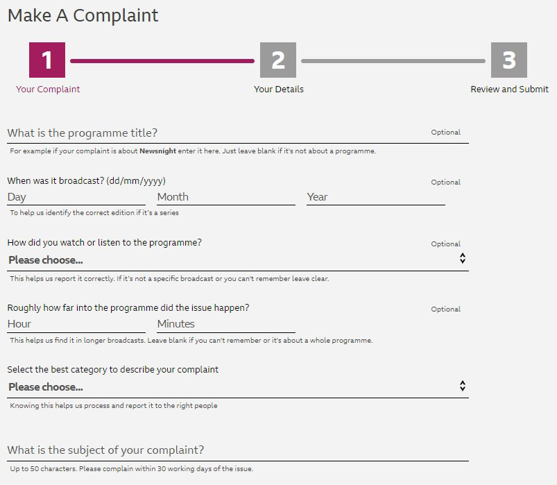 Complaint Fill in Programme Details top part