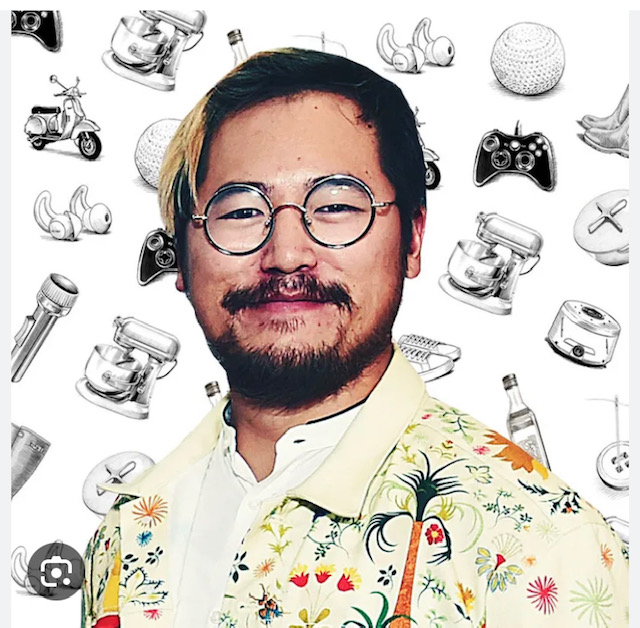 Daniel Kwan with glasses and a colourful patterned shirt. A backdrop shows his favourite things such as cooking, music, gaming and mopeds